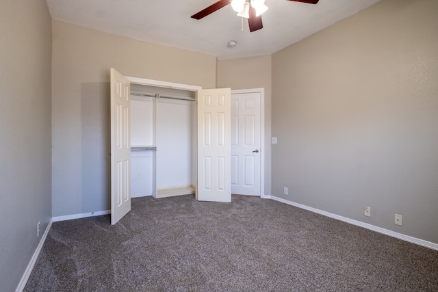 unfurnished bedroom featuring a closet, ceiling fan, and dark carpet