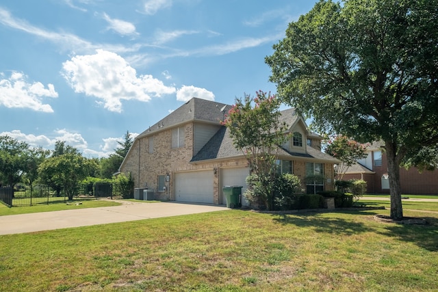 view of property exterior featuring a garage, a lawn, and central AC unit