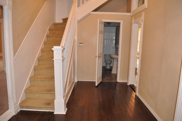 stairs featuring hardwood / wood-style flooring