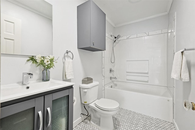 full bathroom with vanity, bathing tub / shower combination, tile patterned flooring, toilet, and ornamental molding