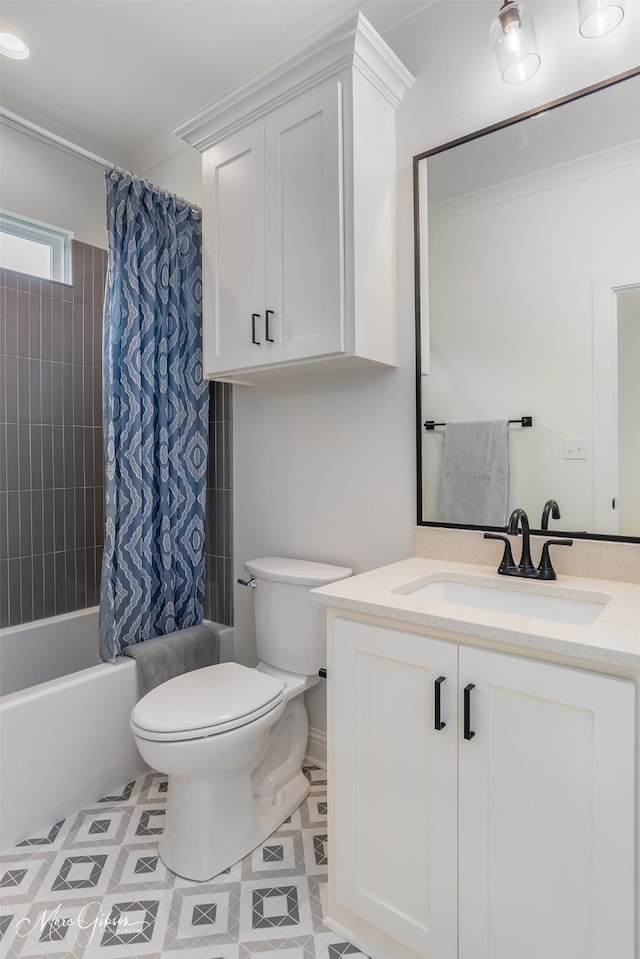 full bathroom featuring tile patterned flooring, shower / bath combo with shower curtain, toilet, and vanity