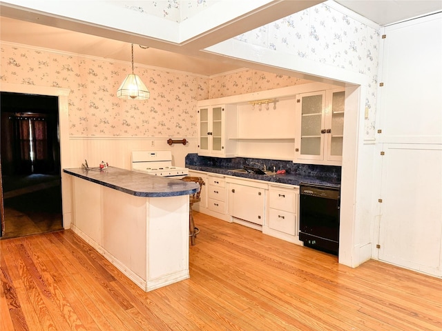 kitchen with white cabinets, dishwasher, hanging light fixtures, kitchen peninsula, and stove