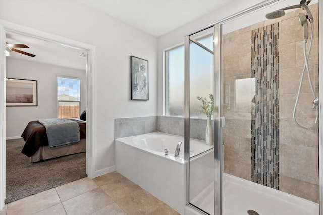 bathroom featuring shower with separate bathtub, tile patterned floors, and ceiling fan