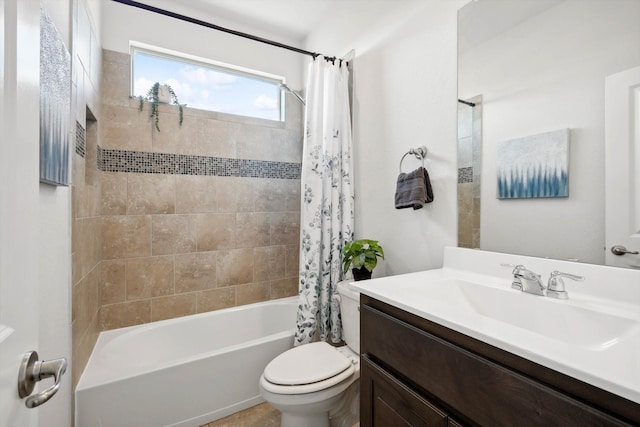 full bathroom featuring vanity, toilet, and shower / bathtub combination with curtain