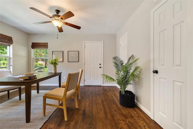 dining room with ceiling fan and dark hardwood / wood-style floors