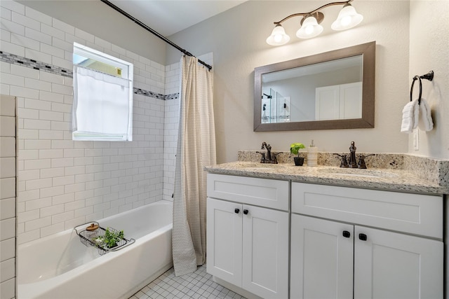 bathroom with vanity, tile patterned floors, and shower / bathtub combination with curtain