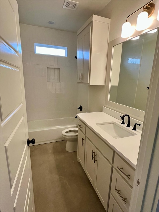 full bathroom with toilet, vanity, and shower / washtub combination