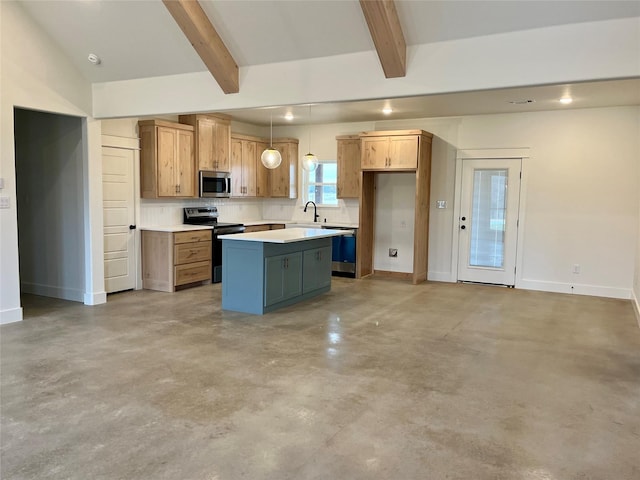 kitchen featuring range with electric cooktop, beam ceiling, a center island, and hanging light fixtures