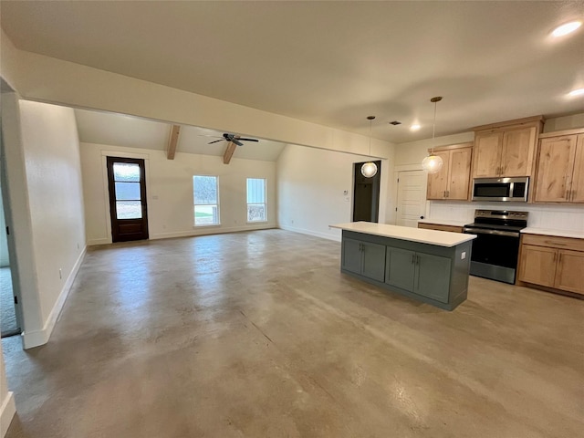 kitchen featuring vaulted ceiling with beams, tasteful backsplash, hanging light fixtures, appliances with stainless steel finishes, and a kitchen island