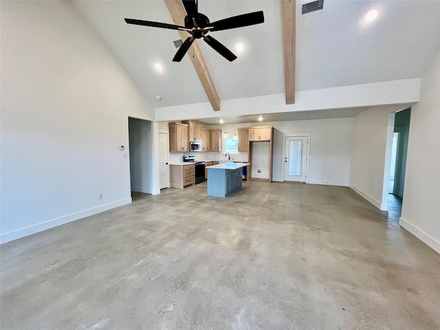 interior space featuring ceiling fan, high vaulted ceiling, sink, and beamed ceiling