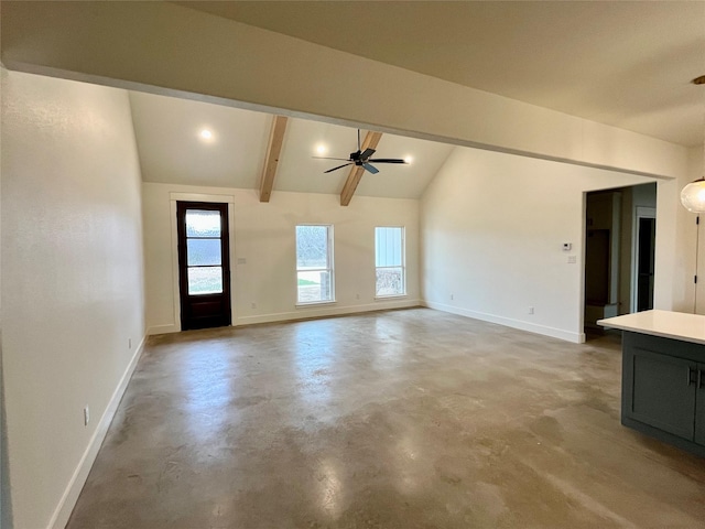 unfurnished living room featuring vaulted ceiling with beams and ceiling fan