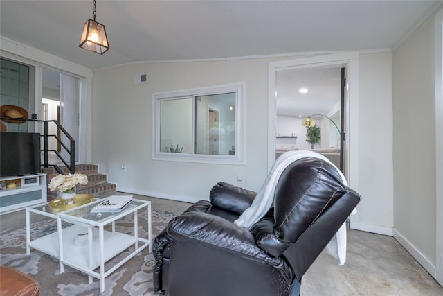 living room featuring ornamental molding, french doors, plenty of natural light, and lofted ceiling