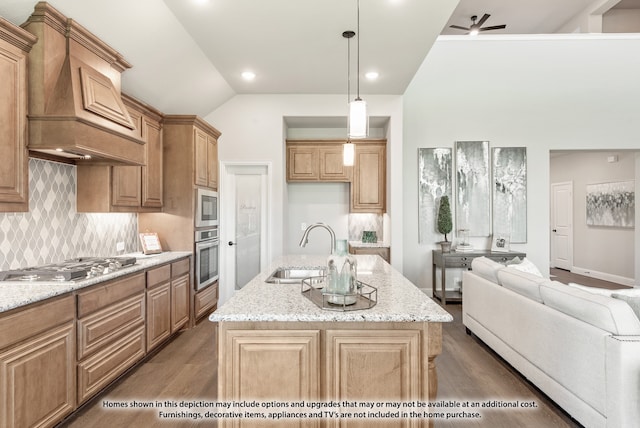 kitchen featuring dark hardwood / wood-style flooring, lofted ceiling, a kitchen island with sink, custom range hood, and appliances with stainless steel finishes