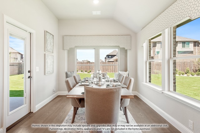 dining space with hardwood / wood-style floors, a wealth of natural light, and lofted ceiling