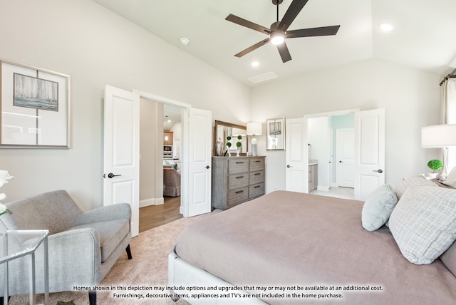 bedroom with light hardwood / wood-style floors, lofted ceiling, and ceiling fan