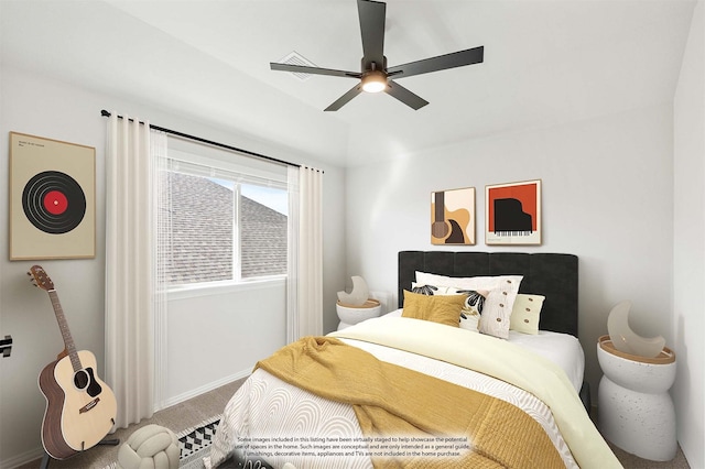 carpeted bedroom with ceiling fan