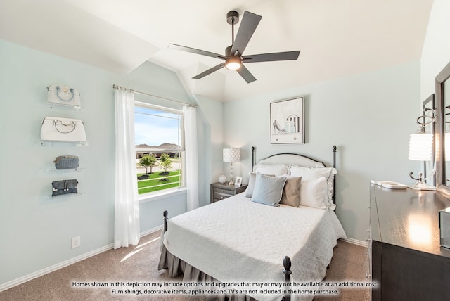 bedroom with ceiling fan, lofted ceiling, and carpet floors