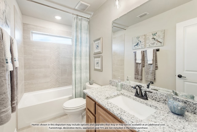 full bathroom with toilet, shower / tub combo with curtain, vanity, and tile patterned flooring