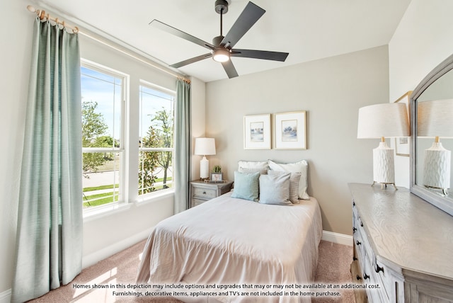 bedroom with ceiling fan and light colored carpet