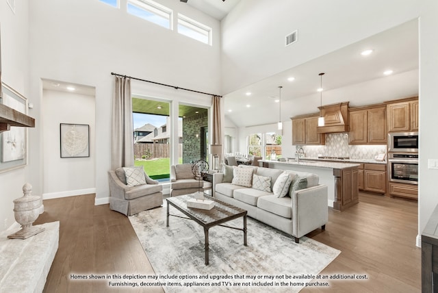 living room featuring light hardwood / wood-style flooring and high vaulted ceiling