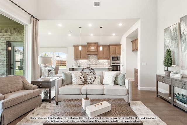 living room featuring sink and dark hardwood / wood-style floors