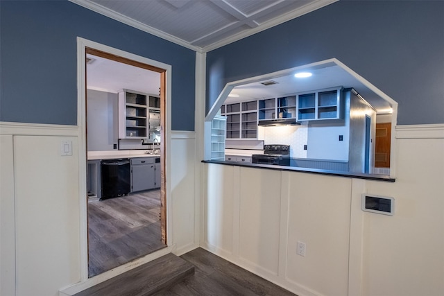 kitchen with dark hardwood / wood-style flooring, crown molding, and black appliances