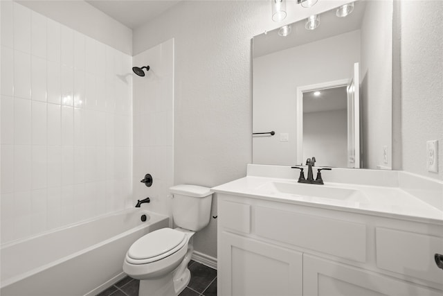 full bathroom featuring toilet, shower / bathing tub combination, vanity, and tile patterned floors