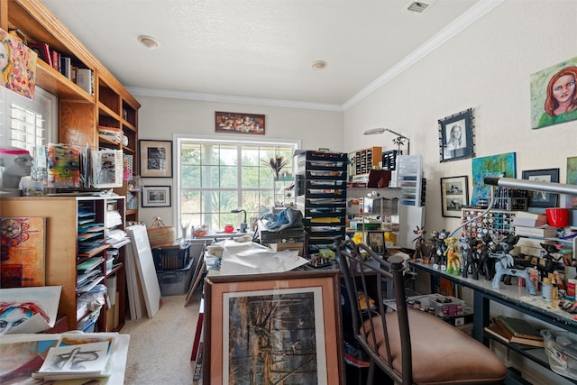 carpeted office space featuring ornamental molding