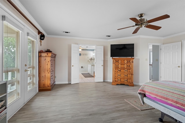 bedroom featuring access to exterior, light wood-type flooring, ceiling fan, and ornamental molding