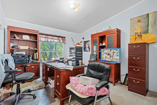 carpeted office space featuring a textured ceiling, ornamental molding, and lofted ceiling