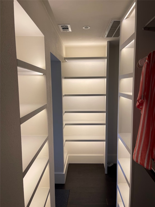 walk in closet with dark hardwood / wood-style floors