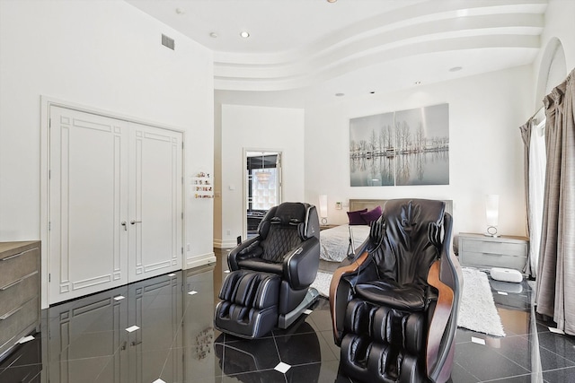 interior space featuring dark tile patterned flooring