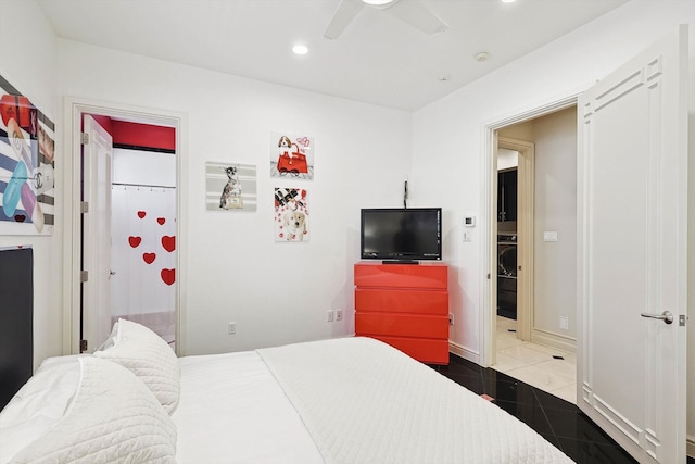 tiled bedroom with ceiling fan