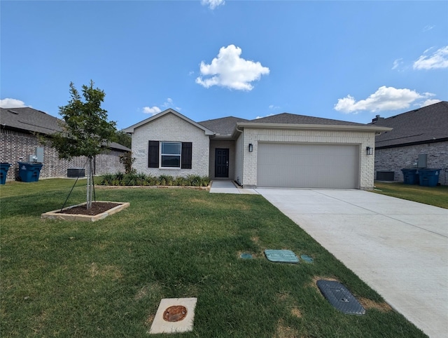 single story home featuring cooling unit, a front lawn, and a garage