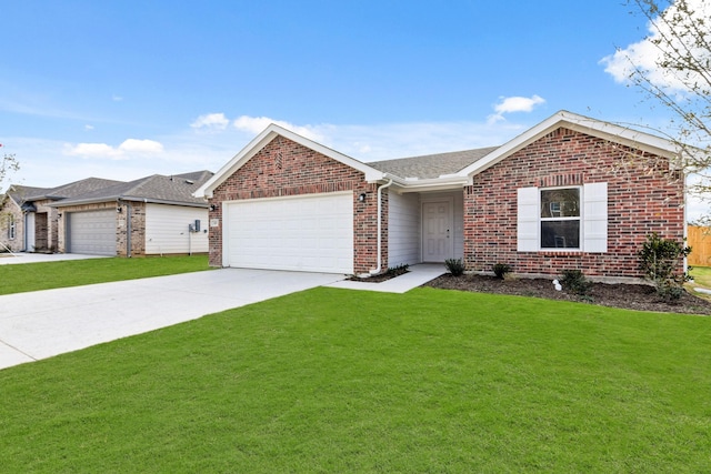 ranch-style home with a garage and a front lawn