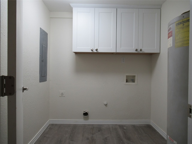 laundry area featuring hookup for an electric dryer, hookup for a washing machine, dark hardwood / wood-style flooring, electric water heater, and electric panel