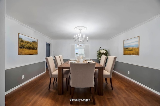 dining area featuring dark wood-type flooring, an inviting chandelier, and crown molding