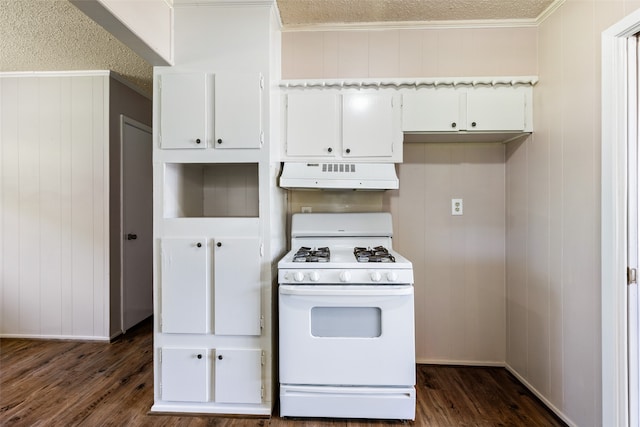 kitchen with white cabinetry, white gas range oven, and dark hardwood / wood-style flooring