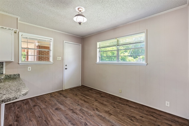 unfurnished dining area featuring dark wood-type flooring, a textured ceiling, crown molding, and a wealth of natural light