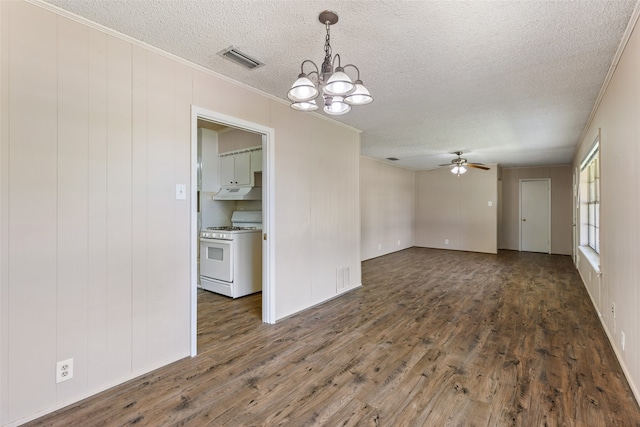 unfurnished room with hardwood / wood-style flooring, ceiling fan with notable chandelier, crown molding, and a textured ceiling