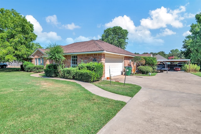 ranch-style house with a garage and a front yard