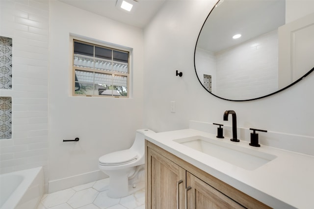 full bathroom featuring shower / bath combination, toilet, and vanity