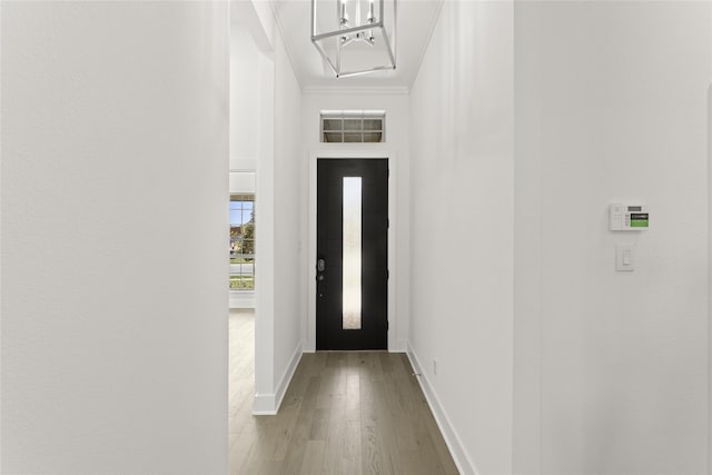 foyer entrance with crown molding, baseboards, and wood finished floors