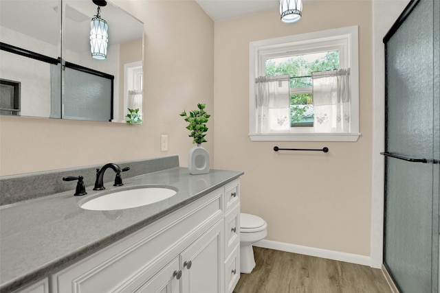 bathroom with vanity, hardwood / wood-style flooring, toilet, and a shower with door