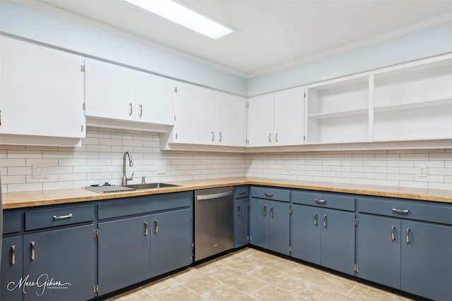 kitchen with white cabinetry, sink, backsplash, and stainless steel dishwasher