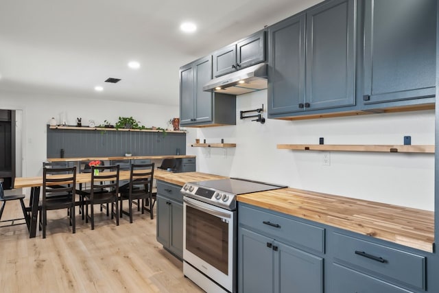 kitchen with blue cabinetry, butcher block countertops, light hardwood / wood-style flooring, and stainless steel range with electric stovetop