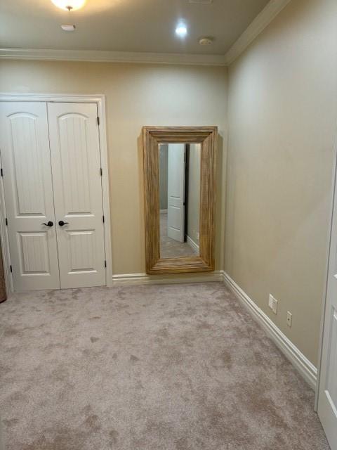 interior space with light colored carpet, ornamental molding, and a closet