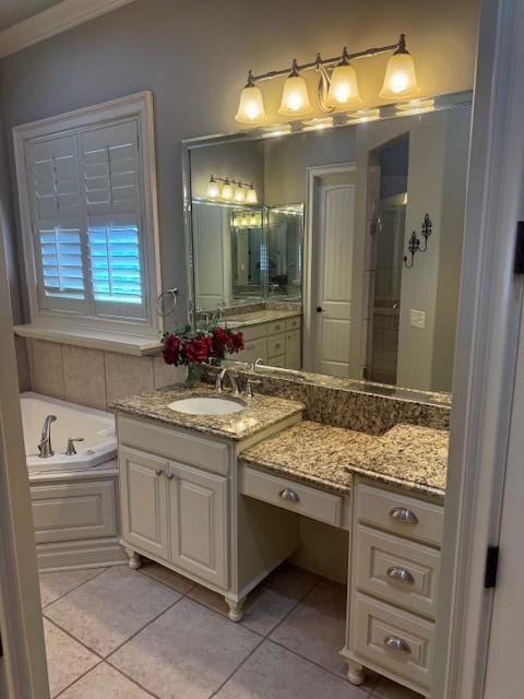 bathroom with tile patterned flooring, vanity, independent shower and bath, and ornamental molding