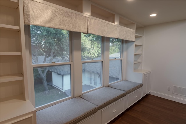 interior space featuring a healthy amount of sunlight, built in features, and dark hardwood / wood-style floors