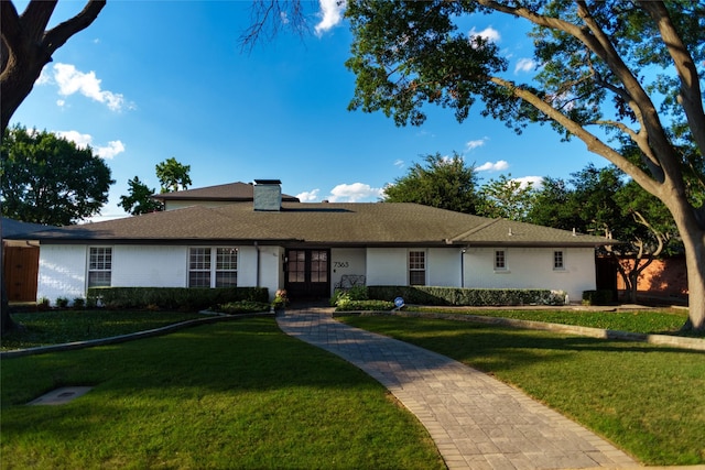 7363 Meadow Oaks Dr, Dallas, TX 75230 - ranch-style home with french doors, a front yard, and a chimney